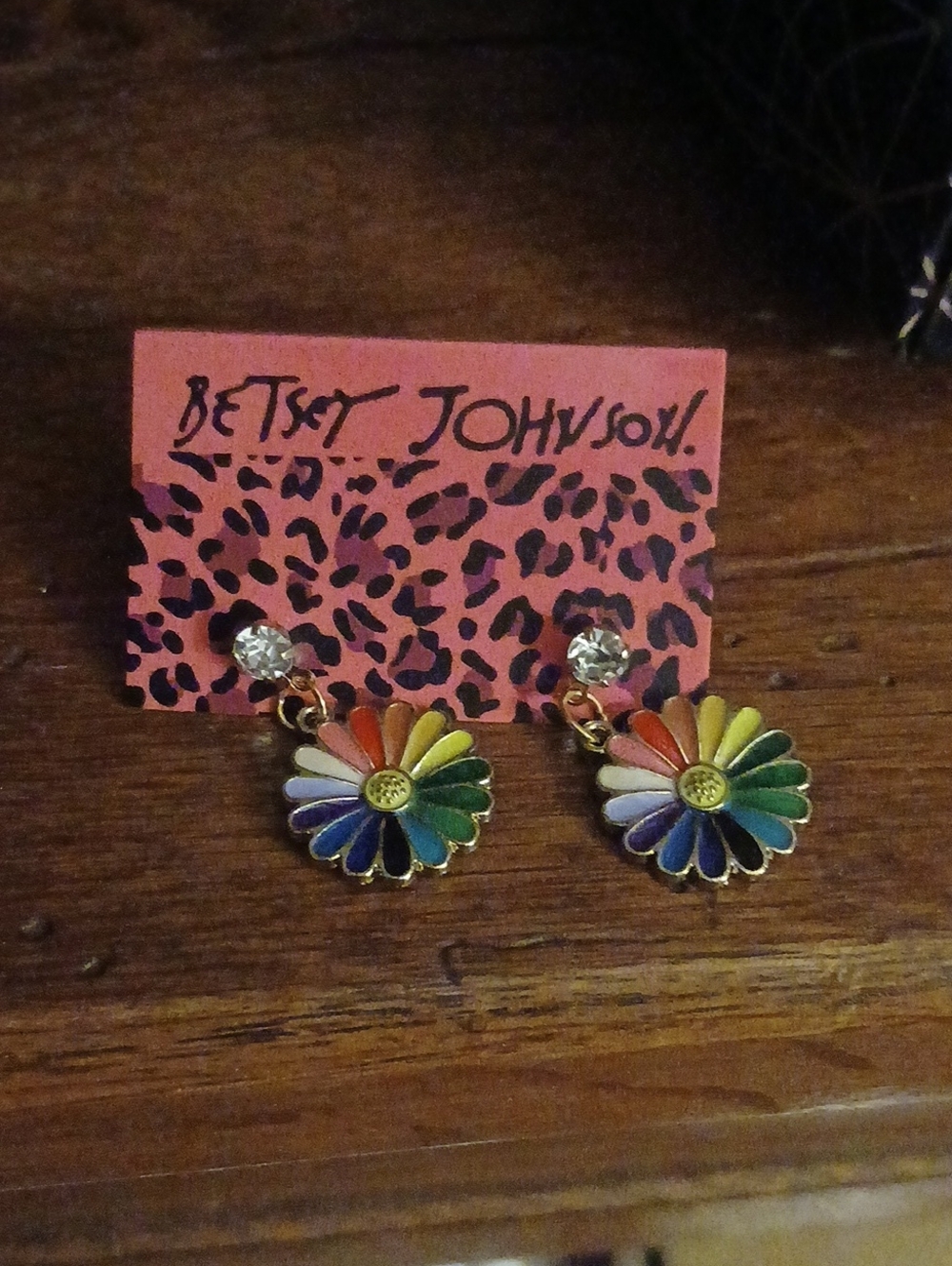 Betsey Johnson Rainbow Daisy Drop Earrings with Clear Studs
